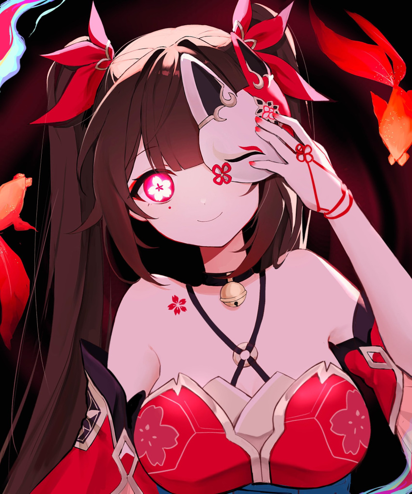 1girl bare_shoulders bell black_background black_choker black_hair choker commentary criss-cross_halter detached_sleeves dress flower-shaped_pupils glowing glowing_eye hair_ornament halter_dress halterneck hand_up highres holding holding_mask honkai:_star_rail honkai_(series) koi long_hair looking_at_viewer mask mole mole_under_each_eye mole_under_eye multiple_moles neck_bell nirako_mona one_eye_covered pink_eyes red_dress simple_background solo sparkle_(honkai:_star_rail) symbol-shaped_pupils twintails upper_body