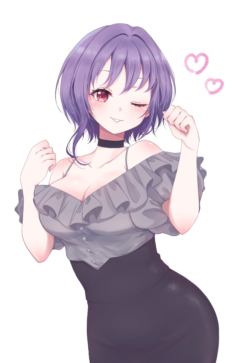 1girl absurdres bang_dream! bang_dream!_it's_mygo!!!!! black_choker black_skirt blush breasts buttons choker cleavage commentary cowboy_shot frills grey_shirt heart high-waist_skirt highres large_breasts looking_at_viewer one_eye_closed paw_pose pencil_skirt ppora purple_hair red_eyes shirt short_hair simple_background skirt smile solo spaghetti_strap white_background yuutenji_nyamu