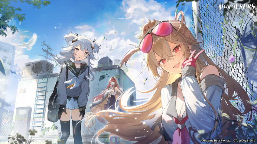 3girls absurdres air_vent alchemy_stars bird black_gloves black_skirt black_thighhighs breasts chain-link_fence cleavage coat copyright_name earrings eyewear_on_head feet_out_of_frame fence flat_chest florine_(alchemy_stars) fur-trimmed_coat fur_trim gloves grey_eyes hair_between_eyes hand_on_own_hip high-waist_skirt highres id_card jewelry large_breasts lipstick long_hair looking_at_viewer makeup mask medium_hair mouth_mask multiple_girls official_art orange_hair pigeon pink-tinted_eyewear pink_gloves pleated_skirt radio_antenna red_eyes ruby_(alchemy_stars) sailor_collar school_uniform second-party_source shirt short_twintails siobhan_(alchemy_stars) skirt sleeveless sleeveless_shirt smile stairs sunglasses thighhighs tinted_eyewear triangle_mouth twintails v very_long_hair white_shirt