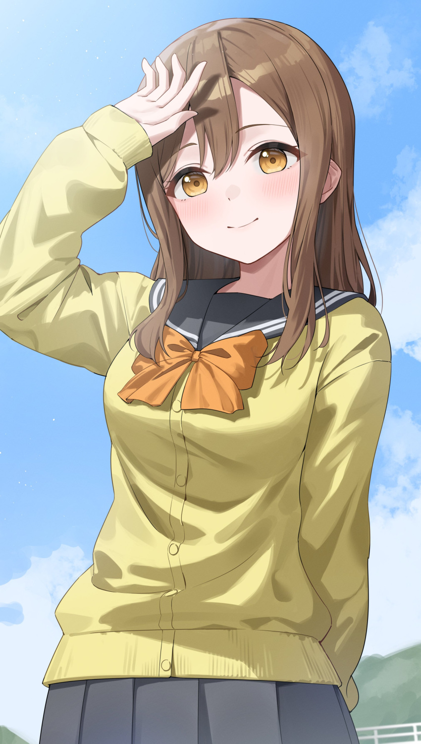 1girl absurdres blush bow bowtie breasts brown_eyes brown_hair cardigan closed_mouth commentary_request enpik grey_sailor_collar grey_skirt highres kunikida_hanamaru long_sleeves looking_at_viewer love_live! love_live!_sunshine!! medium_breasts medium_hair orange_bow orange_bowtie outdoors pleated_skirt sailor_collar school_uniform sidelocks skirt sleeves_past_wrists solo standing upper_body uranohoshi_school_uniform yellow_cardigan