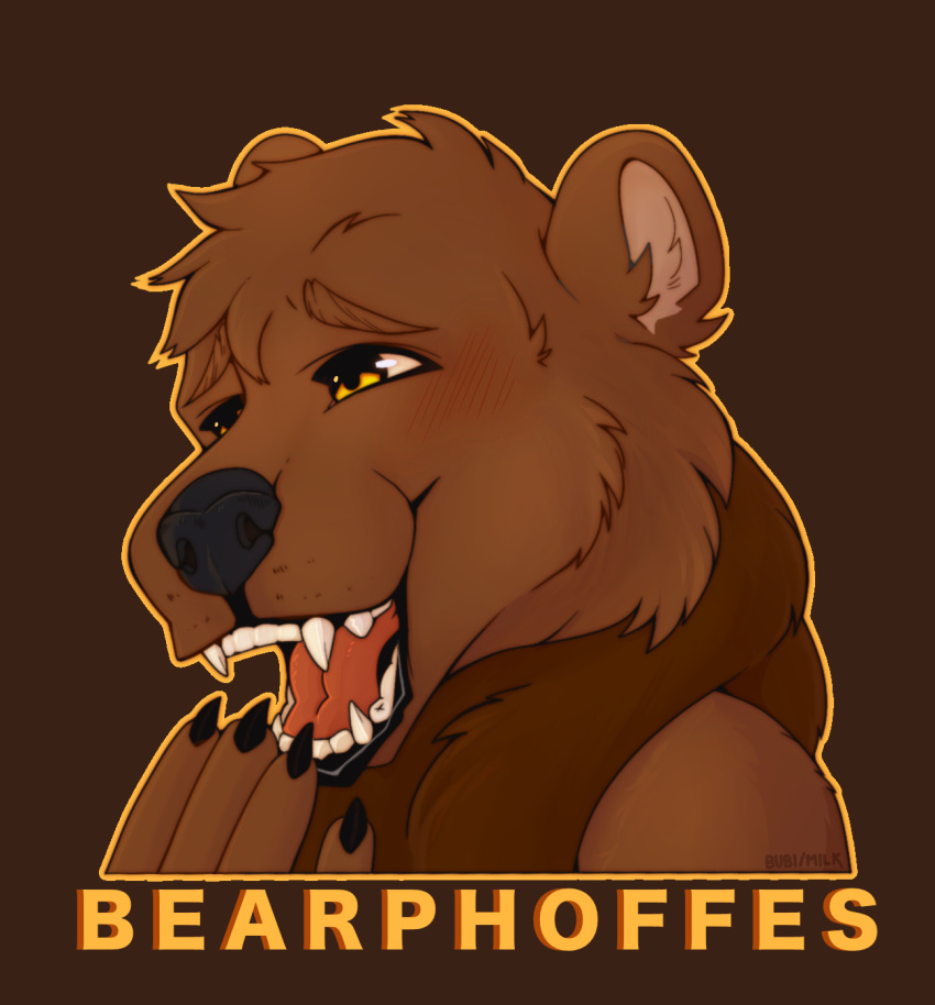 2024 anthro bear bearphones black_claws blush brown_background brown_bear brown_body brown_fur bubimilk bust_portrait claws fur grizzly_bear hi_res laugh male mammal neck_tuft open_mouth orange_eyes portrait simple_background solo text tuft ursine