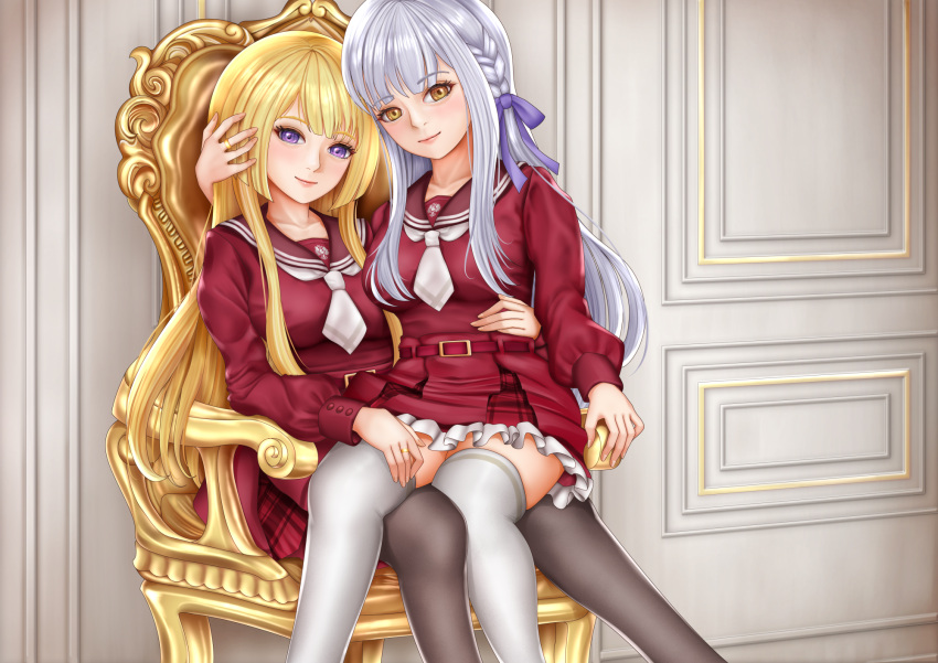 2girls arm_around_shoulder armchair assault_lily belt belt_buckle blonde_hair blunt_bangs braid breasts brown_pantyhose brown_sailor_collar buckle chair closed_mouth commentary_request feet_out_of_frame fingernails food food_on_face frilled_skirt frills girl_on_top grey_hair hair_ribbon hand_on_another's_cheek hand_on_another's_face hand_on_another's_thigh hand_on_another's_waist hand_up heads_together high-waist_skirt highres imai_tomohiro indoors jewelry kanba_girls_high_school_uniform kon_kanaho light_smile long_hair long_sleeves looking_at_viewer medium_breasts miniskirt miyagawa_takane multiple_girls necktie on_chair pantyhose purple_eyes purple_ribbon red_belt red_skirt ribbon ring sailor_collar school_uniform serafuku short_necktie side_braid sidelocks sitting sitting_on_lap sitting_on_person skirt thighhighs very_long_hair white_necktie white_thighhighs yellow_eyes yuri