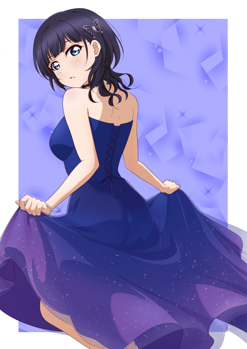 1girl absurdres alternate_costume asaka_karin ass bare_arms bare_shoulders black_hair blue_dress blue_eyes blunt_bangs blush bracelet breasts choppy_bangs cowboy_shot cross-laced_clothes cross-laced_dress dress evening_gown from_behind from_side highres jewelry looking_at_viewer looking_back love_live! love_live!_nijigasaki_high_school_idol_club medium_breasts medium_hair neo_(neosky24) parted_lips see-through_dress_layer skirt_hold solo strapless strapless_dress