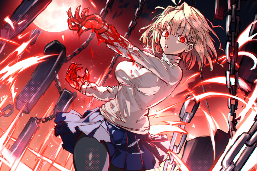 1girl absurdres arcueid_brunestud black_pantyhose blonde_hair blood blood_on_clothes blood_on_hands blue_skirt breasts chain claws commentary cowboy_shot ebora english_commentary eyelashes fate_(series) frown full_moon highres large_breasts leg_up long_sleeves looking_at_viewer magic miniskirt moon night night_sky open_mouth outdoors outstretched_arm pantyhose pleated_skirt raised_eyebrows red_eyes red_sky shirt short_hair skirt sky slit_pupils solo teeth tsukihime turtleneck_shirt white_shirt white_sleeves