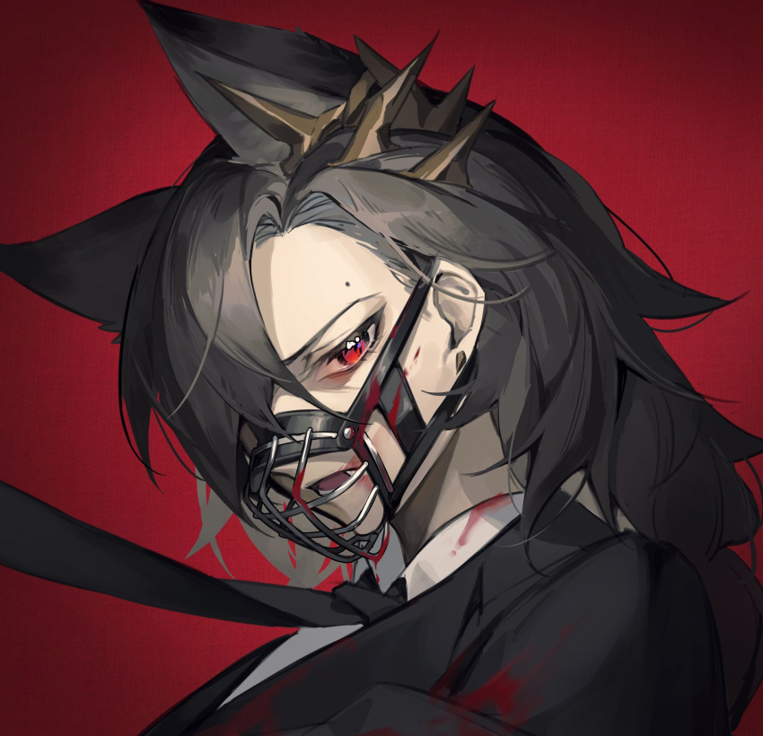 1girl akechi_(826988799) ambience_synesthesia animal_ears arknights black_jacket black_necktie blood blood_on_clothes blood_on_face chinese_commentary commentary_request hair_ornament hair_over_one_eye highres jacket looking_at_viewer mole_above_eye muzzle necktie necktie_grab neckwear_grab one_eye_covered open_mouth penance_(arknights) portrait red_background red_eyes shirt solo white_shirt wolf_ears wolf_girl