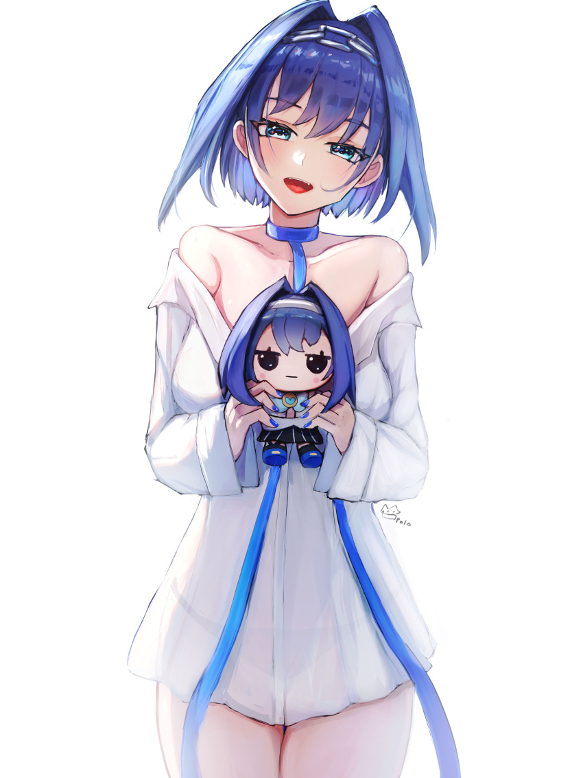 1girl absurdres bare_shoulders black_panties blue_bow blue_eyes blue_hair blue_nails blue_ribbon blush bow bow_earrings breasts chain_headband choker collarbone collared_shirt dress_shirt earrings fangs hair_intakes highres holding holding_stuffed_toy hololive hololive_english jewelry large_breasts long_sleeves looking_at_viewer nail_polish naked_shirt off_shoulder official_alternate_costume open_mouth ouro_kronii panties partially_unbuttoned psypolo_d ribbon ribbon_choker see-through shirt short_hair sidelocks signature simple_background smile smol_kronii stuffed_toy tongue underwear virtual_youtuber white_background white_shirt
