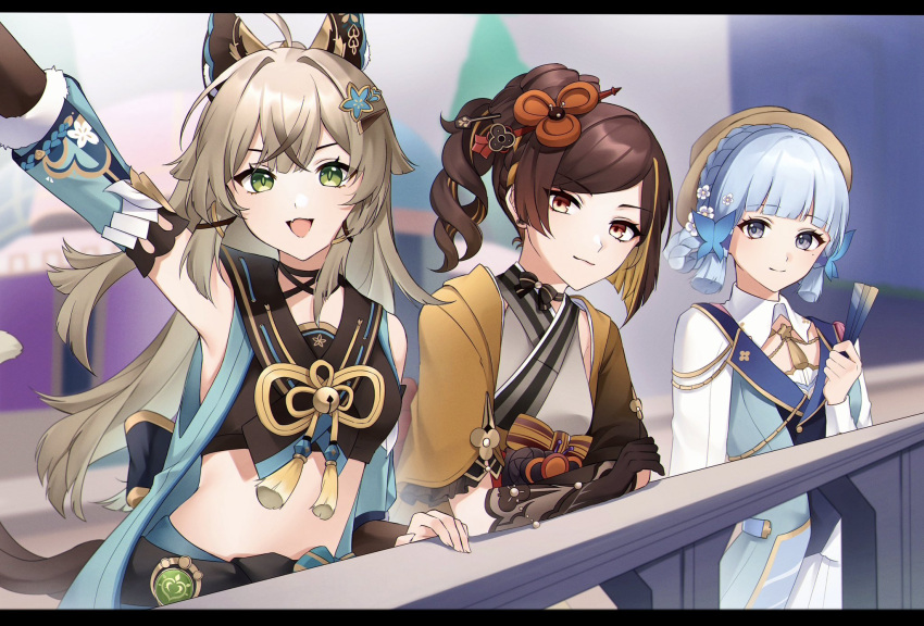 3girls :d ahoge animal_ears arm_up bare_shoulders black_shirt blue_eyes blue_hair brown_eyes brown_hair cat_ears chiori_(genshin_impact) commentary_request crop_top detached_sleeves genshin_impact green_eyes grey_kimono hand_up haori hat highres holding japanese_clothes kamisato_ayaka kamisato_ayaka_(springbloom_missive) kimono kirara_(genshin_impact) letterboxed long_hair looking_at_viewer midriff multiple_girls open_clothes open_mouth ponytail railing shin_(mac_no) shirt short_hair sleeveless sleeveless_shirt smile very_long_hair