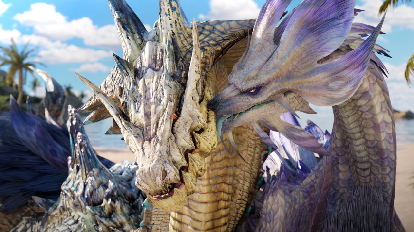 16:9 2024 3d_(artwork) 4k absurd_res ambiguous_gender beach blue_body blue_scales capcom cloud day detailed_background digital_media_(artwork) duo female female_(lore) feral fluffy fluffy_chest fluffy_tail fur hair hi_res horn ivory_lagiacrus ivorylagiacrus kissing kissing_cheek lagiacrus leviathan_(mh) licking licking_head looking_at_another looking_at_partner looking_at_viewer male male/female male_(lore) monster_hunter open_mouth outside palm_tree plant pupils purple_body purple_fur purple_hair purple_scales red_eyes romantic romantic_couple sand scales scalie seaside sky slit_pupils tail teeth tongue tongue_out tree violet_mizutsune water white_body white_scales widescreen
