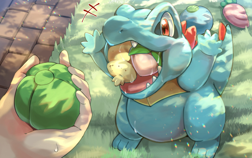 +++ 1other absurdres aq_gohan arms_up berry_(pokemon) commentary_request day feeding food fruit grass highres holding holding_food holding_fruit looking_up mouth_hold oran_berry orange_eyes outdoors pokemon saliva standing totodile