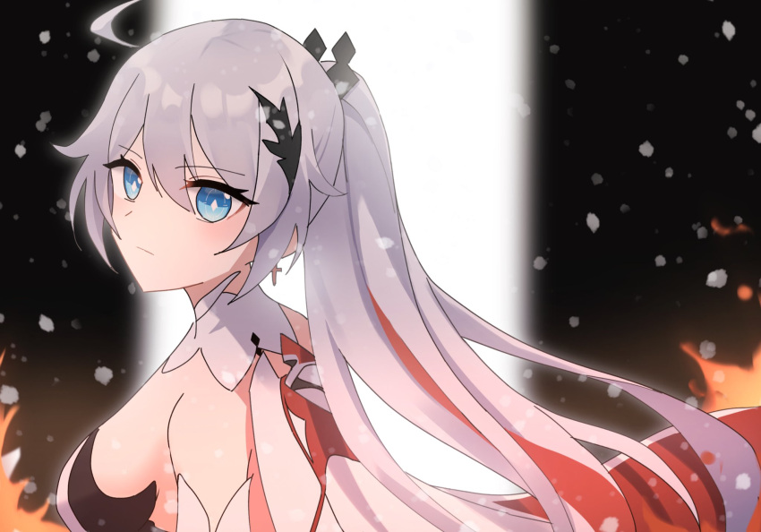 1girl ahoge arms_at_sides bare_shoulders black_background blush breasts cape closed_mouth detached_sleeves expressionless from_side h2o_omizu hair_between_eyes highres honkai_(series) honkai_impact_3rd kiana_kaslana kiana_kaslana_(herrscher_of_flamescion) large_breasts light_particles long_hair multicolored_hair ponytail portrait red_cape red_hair sideboob sidelocks solo streaked_hair two-tone_background very_long_hair white_background white_hair white_sleeves