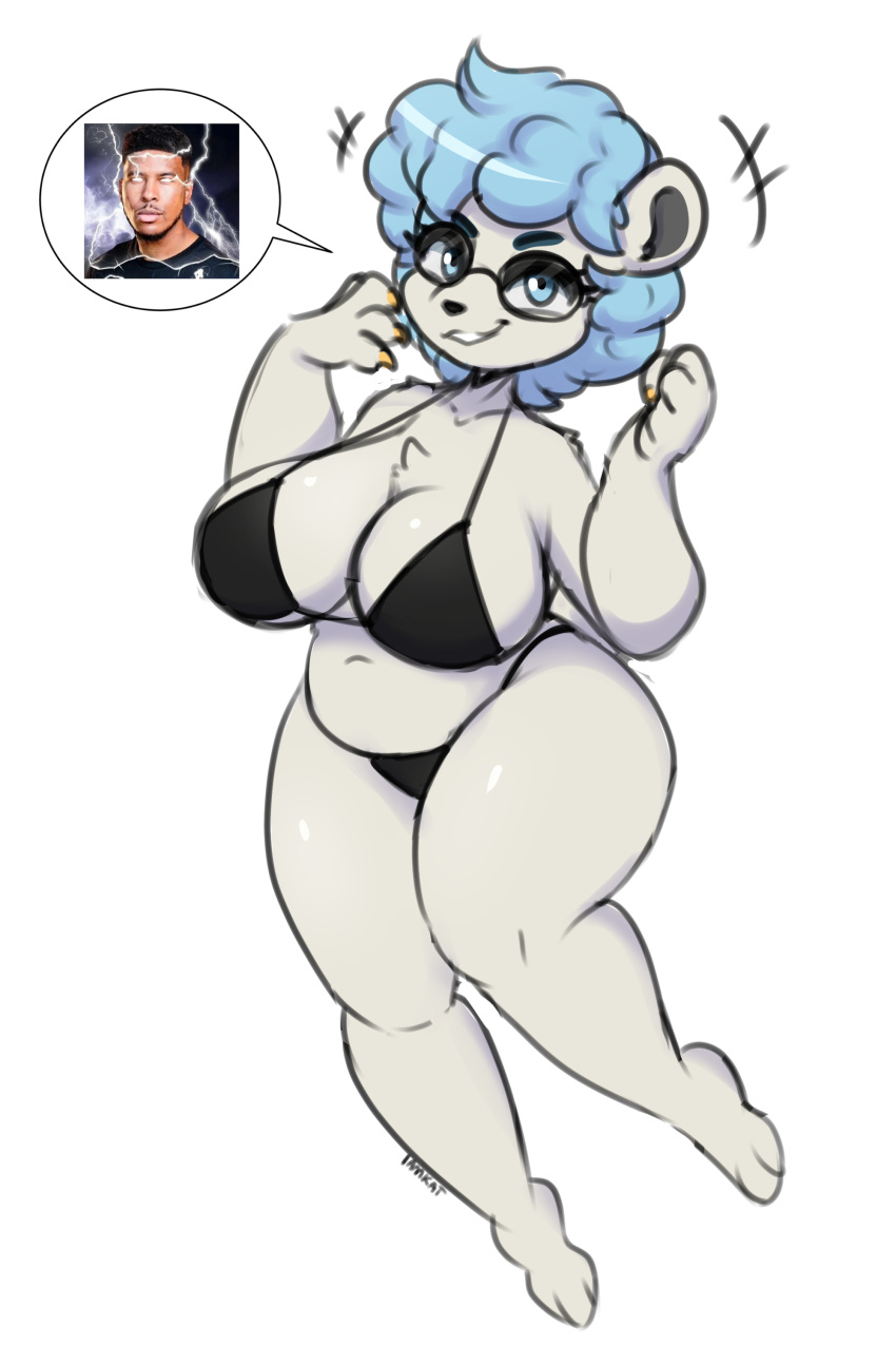 2024 absurd_res anthro bear big_breasts bikini black_bikini black_clothing black_swimwear blue_eyes blue_hair breasts chest_tuft clothing eyebrows eyelashes feet female fur hair hi_res i_am_kat95 looking_at_viewer low_tier_god mammal meme pictographics polar_bear short_hair smile solo swimwear thick_thighs tuft ursine white_body white_fur wide_hips