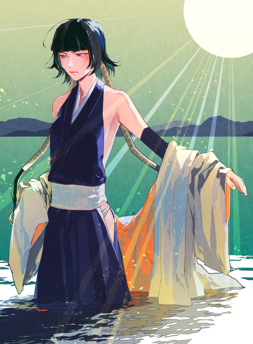 absurdres bare_shoulders black_hair black_kimono bleach blue_eyes blunt_bangs breasts clothes_down cowboy highres hip_vent japanese_clothes jou_(jo_jjo) kimono landscape light_rays mountainous_horizon obi outdoors panties panty_straps sash sleeveless sleeveless_kimono small_breasts standing sui-feng sun sunbeam sunlight underwear wading water white_haori white_panties