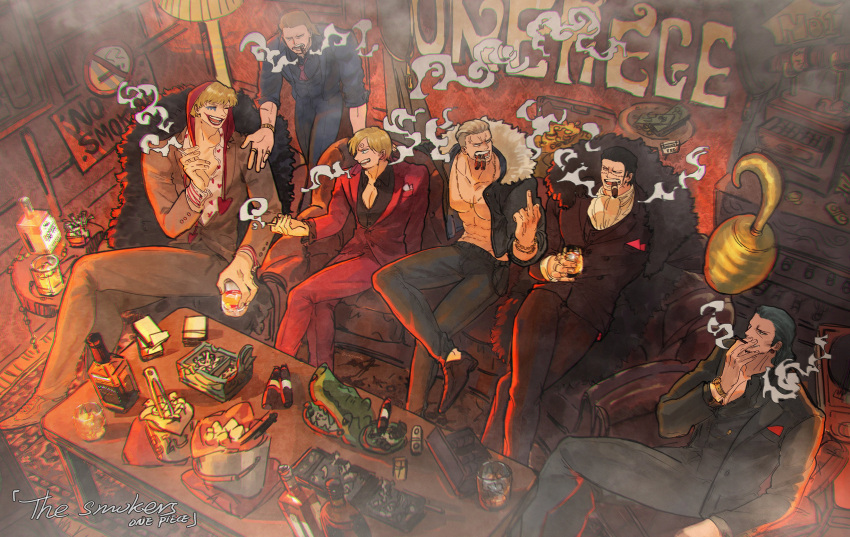 6+boys absurdres alcohol ascot black_coat black_hair black_shirt blonde_hair character_name cigar cigarette closed_eyes closed_mouth coat copyright_name couch crocodile_(one_piece) crossed_legs cup donquixote_rocinante drinking_glass english_commentary english_text fur_trim highres holding holding_cigarette holding_cup hook_hand ice_bucket indoors jewelry makeup male_focus mcbuckwheat middle_finger money multiple_boys multiple_rings muscular muscular_male necktie on_couch one_piece open_clothes open_mouth paulie red_necktie red_suit ring sanji_(one_piece) scar scar_on_face shirt short_hair sitting smile smoke smoker_(one_piece) suit table teeth watch whiskey white_ascot wristwatch