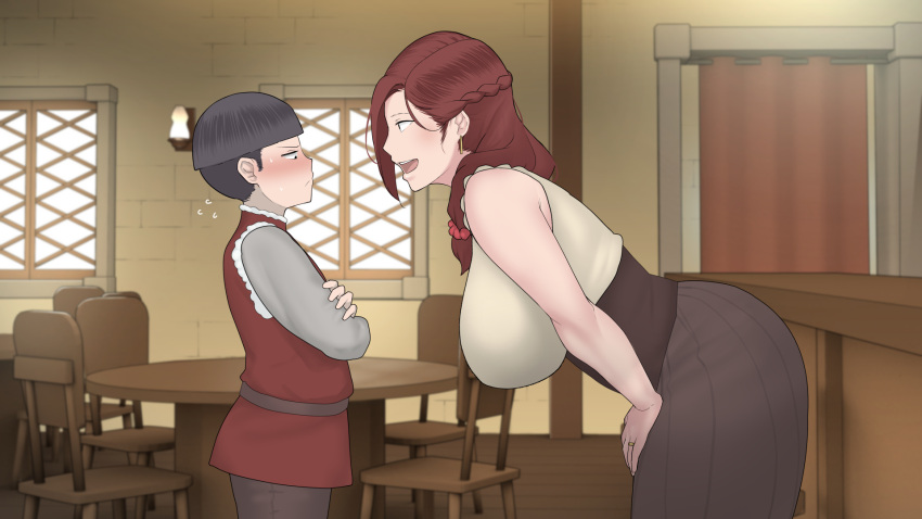 1boy 1girl black_eyes breasts earrings highres huge_breasts jewelry long_hair mature_female mira_(the_adelaide_inn) non-web_source ntrman plum red_hair ring smile straddling the_adelaide_inn wedding_ring