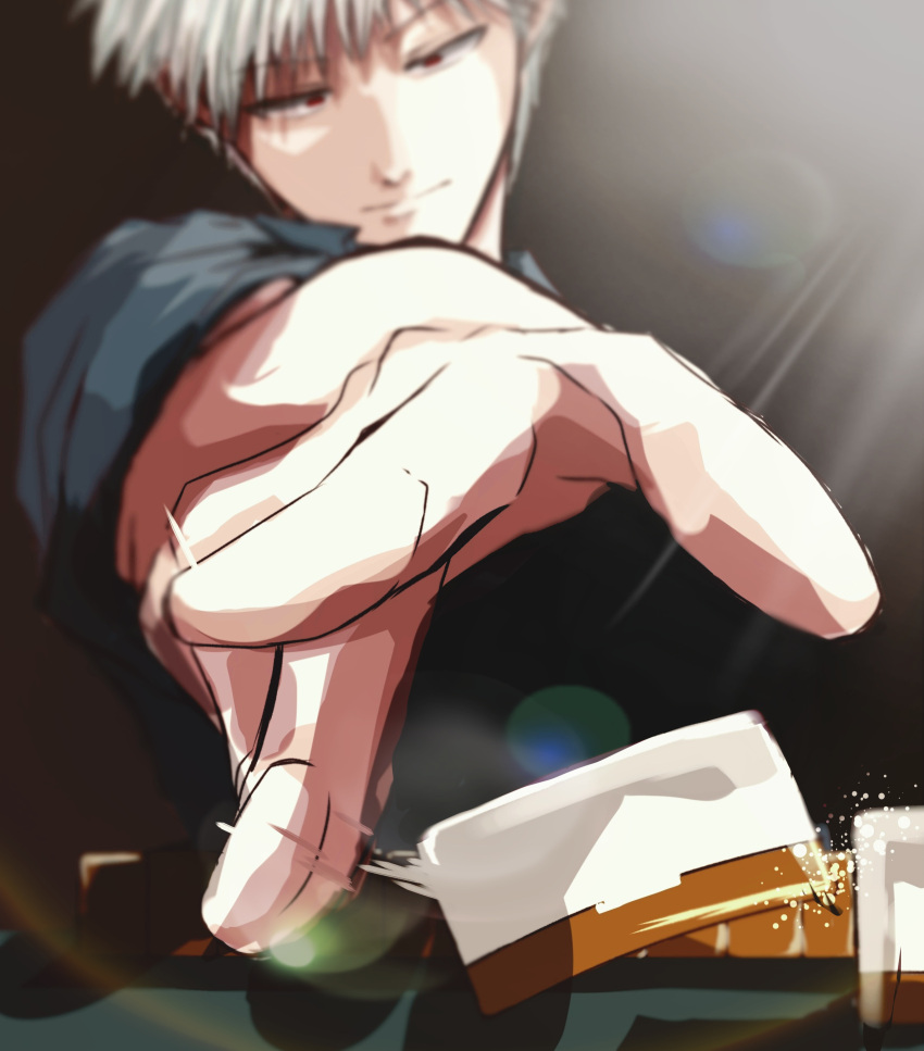 1boy absurdres akagi:_yami_ni_oritatta_tensai akagi_shigeru closed_mouth commentary_request fugusashi_(fgss2089) fukumoto_mahjong grey_background grey_hair grey_shirt highres looking_down mahjong mahjong_tile male_focus medium_bangs red_eyes shirt short_hair short_sleeves smile solo upper_body