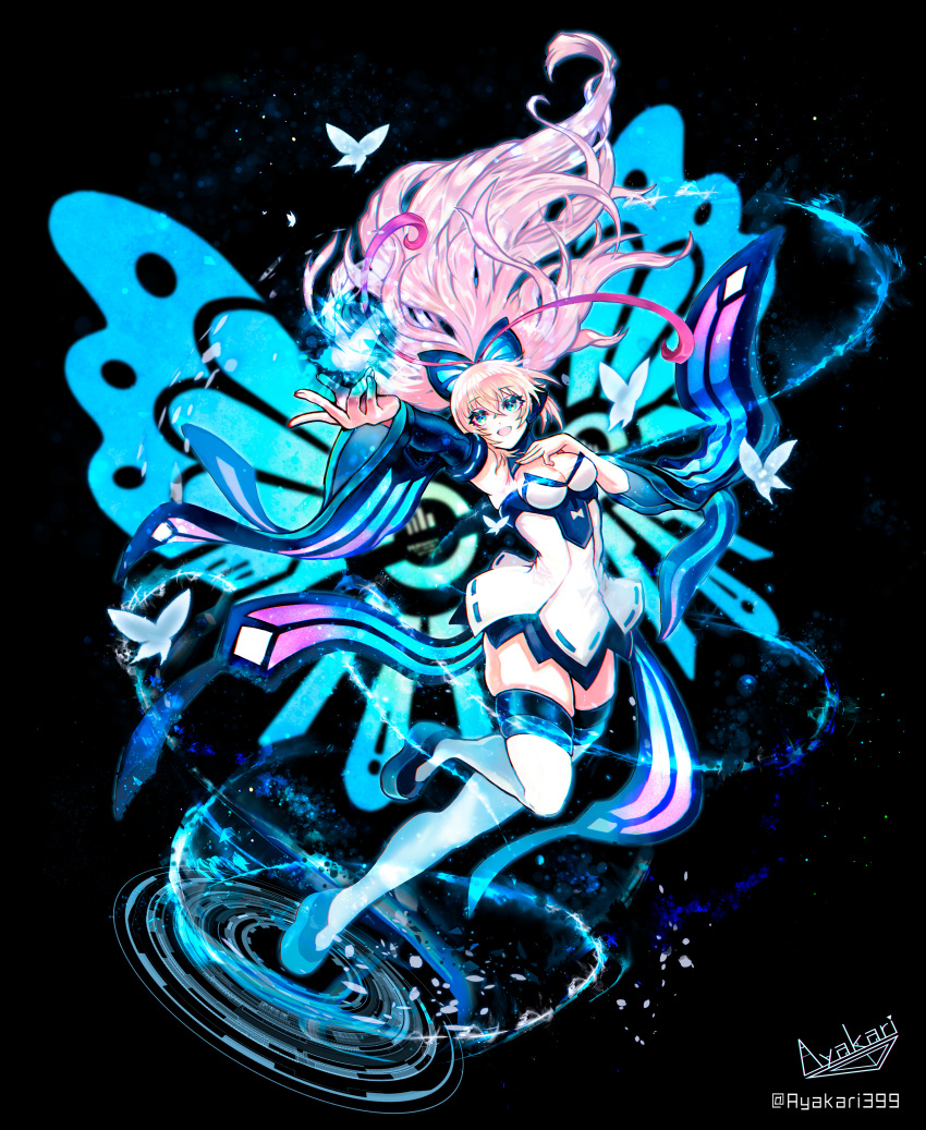 1girl absurdres antenna_hair artist_logo artist_name artist_request ayakari399 azure_striker_gunvolt blonde_hair breasts bug butterfly butterfly_hair_ornament cleavage detached_sleeves dress energy_wings hair_ornament highres idol long_hair looking_at_viewer lumen_(gunvolt) medium_breasts multicolored_hair outstretched_arm pink_hair thighhighs twitter_username white_dress white_thighhighs