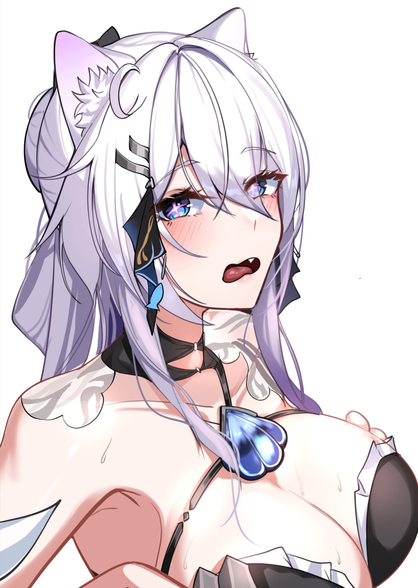 +_+ 1girl absurdres animal_ear_fluff animal_ears armpits bare_shoulders bikini black_bikini black_bow blue_eyes blush bow breast_hold breasts cat_ears cat_girl cleavage collarbone detached_collar fang from_side godcastlenoa hair_bow highres honkai_(series) honkai_impact_3rd huge_breasts kemonomimi_mode kiana_kaslana kiana_kaslana_(herrscher_of_finality) looking_at_viewer open_mouth portrait simple_background solo swimsuit wavy_mouth white_background white_hair