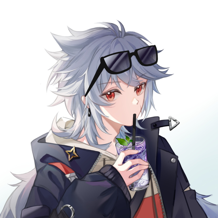 1boy alternate_costume bishounen cup deardraco drinking drinking_straw eyewear_on_head genshin_impact grey_hair highres holding holding_cup jacket juice long_hair male_focus razor_(genshin_impact) red_eyes simple_background solo sunglasses upper_body white_background