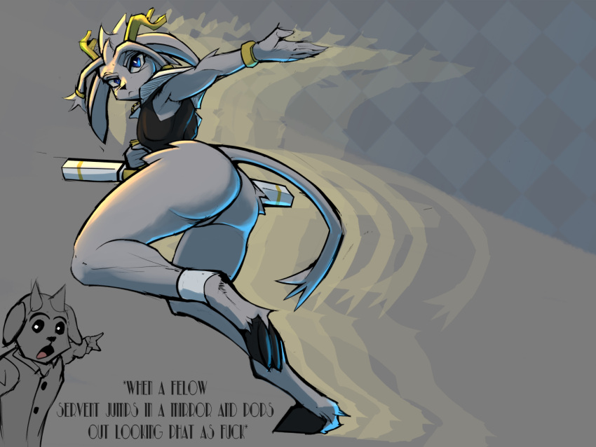 antlers athletic athletic_female butt carrion_cat clothed clothing felid feline female horn jackalope lagomorph looking_at_viewer mammal partially_clothed presenting presenting_hindquarters pseudoregalia rear_view sybil_(pseudoregalia) thick_thighs topwear weapon wide_hips