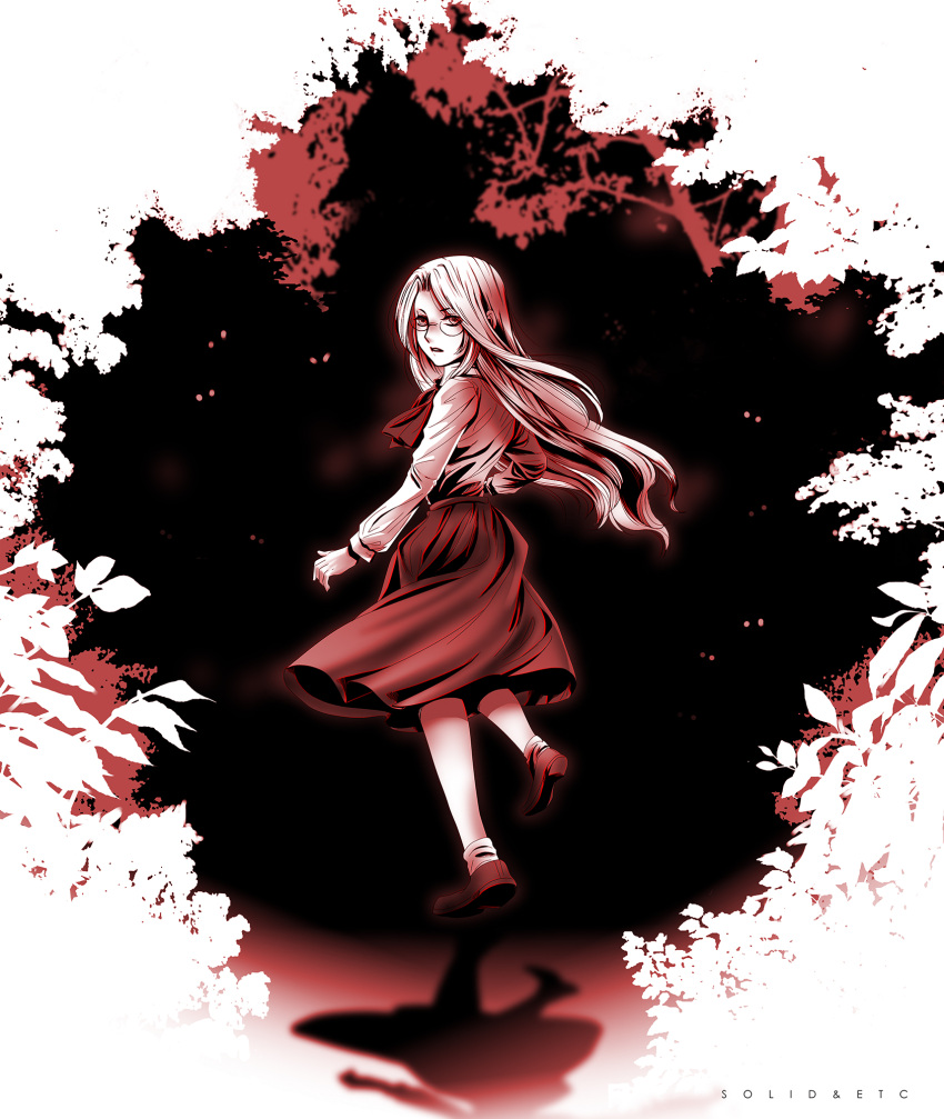 1girl aged_down artist_name from_behind full_body glasses greyscale hellsing highres integra_hellsing long_hair looking_back medium_skirt monochrome red_theme skirt solo toshimichi_yukari tree