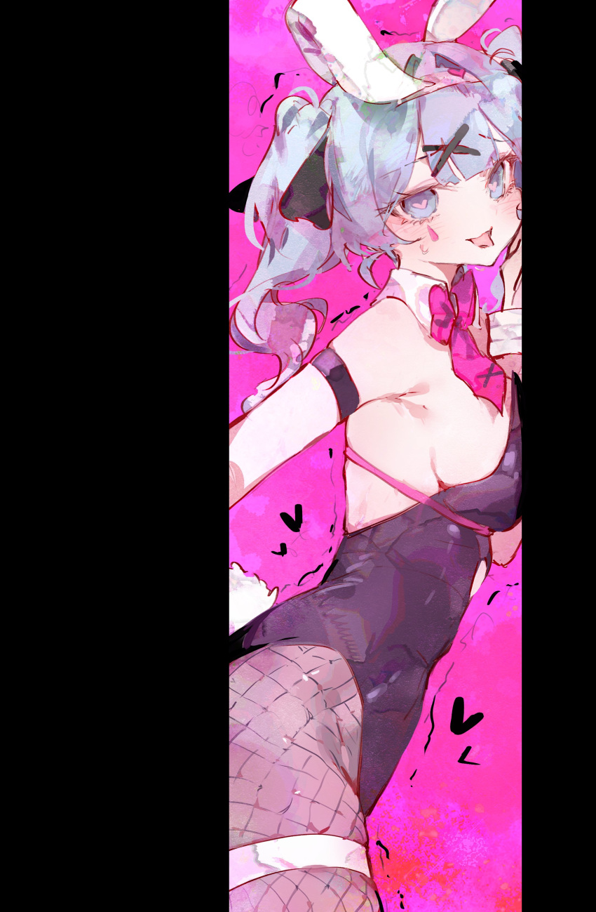 1girl absurdres animal_ears armpits black_leotard black_pantyhose blue_eyes blue_hair blush bow bowtie breasts cocoballking cowboy_shot fake_animal_ears fishnet_pantyhose fishnets from_side hair_intakes hand_on_own_cheek hand_on_own_face hatsune_miku heart heart-shaped_pupils highleg highleg_leotard highres large_breasts leotard looking_at_viewer open_mouth pantyhose pillarboxed playboy_bunny rabbit_ears rabbit_hole_(vocaloid) red_bow red_bowtie sideboob sidelocks smile solo symbol-shaped_pupils teardrop_facial_mark tongue tongue_out twintails vocaloid