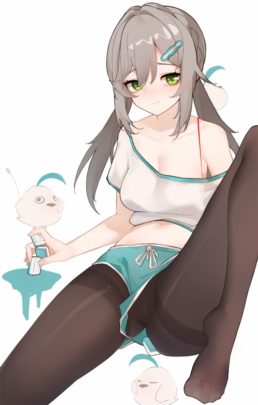 1girl bird black_pantyhose breasts casual closed_mouth clothing_aside collarbone commentary_request dolphin_shorts foot_out_of_frame green_eyes green_shorts green_trim grey_hair hair_ornament hairpin highres holding holding_mahjong_tile honkai:_star_rail honkai_(series) inniyik invisible_chair knee_up long_hair looking_at_viewer mahjong_tile medium_breasts midriff navel off-shoulder_shirt off_shoulder pantyhose qingque_(honkai:_star_rail) shirt shorts shorts_aside sidelocks simple_background single_off_shoulder sitting solo spread_legs stomach white_background white_shirt