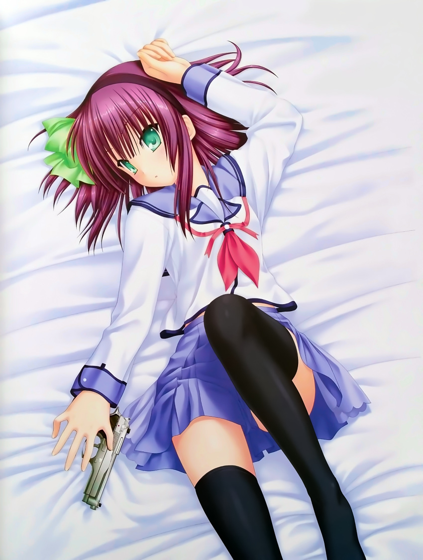 angel_beats! gun key na-ga seifuku skirt_lift thighhighs yurippe