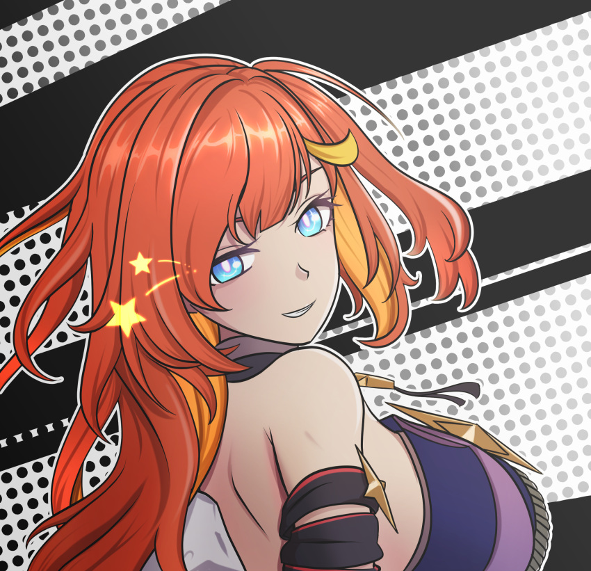 1girl backless_outfit bare_back bare_shoulders blue_eyes breasts bright_pupils commentary grin highres honkai_(series) honkai_impact_3rd jazzer_edwin large_breasts long_hair looking_at_viewer one_side_up orange_hair senadina_(honkai_impact) smile solo star_(symbol) upper_body white_pupils