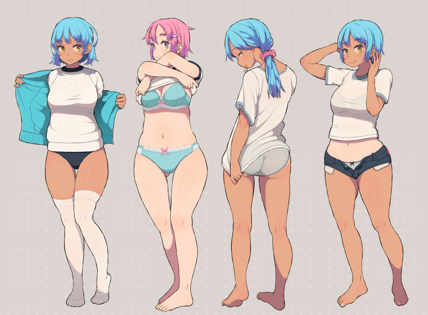 2girls ass ass_visible_through_thighs barefoot blue_bra blue_hair blue_panties bow bow_bra bow_panties bra bra_visible_through_clothes breasts buruma closed_mouth clothes_lift feet from_behind full_body grey_panties gym_uniform hair_ornament hair_scrunchie highres koeru_otoge-san legs lifted_by_self lineart long_hair looking_at_viewer looking_back medium_breasts multiple_girls multiple_views navel neyuki_rei original otouge_azuki panties pink_eyes pink_hair pink_scrunchie ponytail scrunchie see-through see-through_shirt shirt shirt_lift shirt_tug short_hair short_shorts shorts thighhighs thighs underwear unzipped white_shirt white_thighhighs yellow_eyes