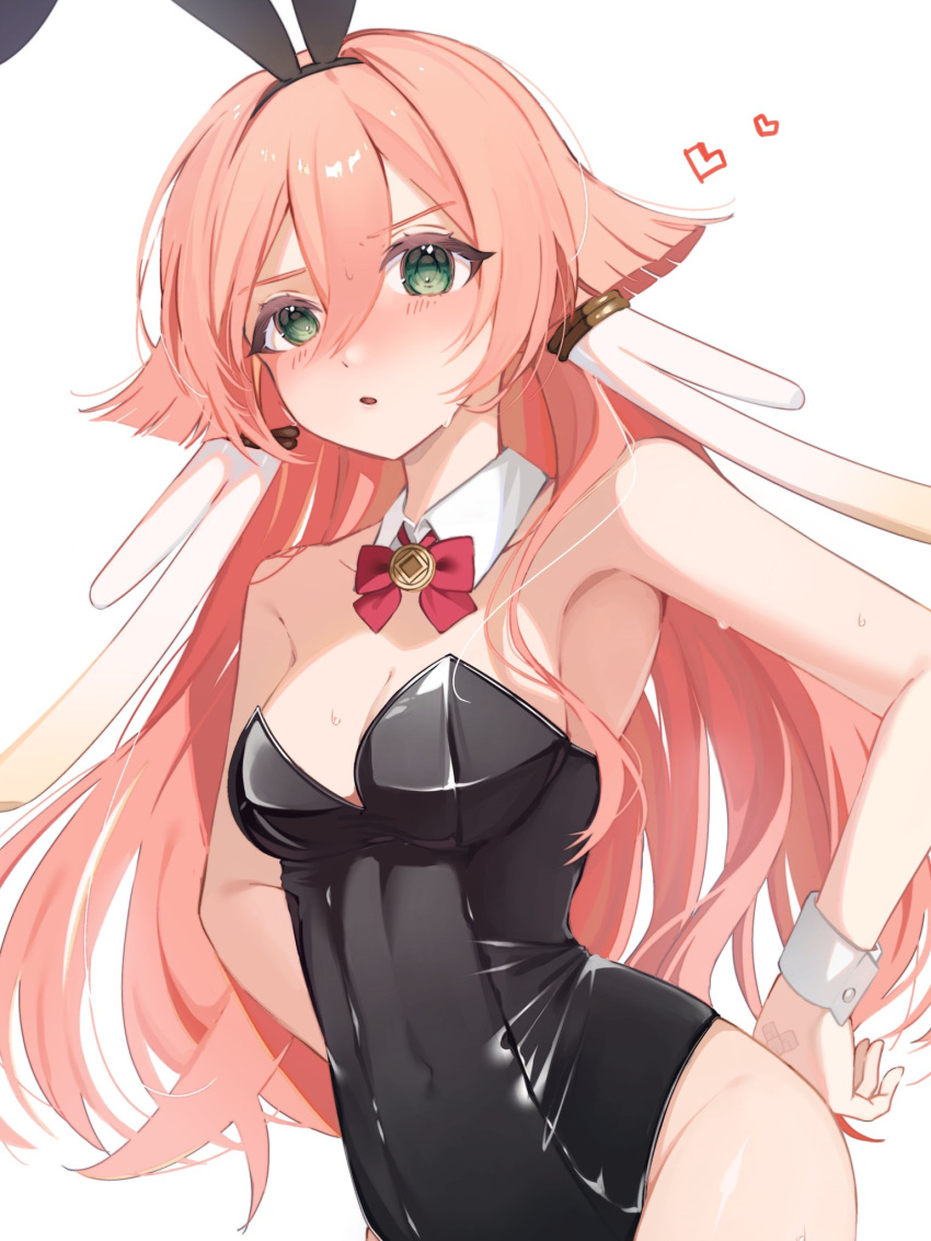 1girl :o animal_ears bare_shoulders black_leotard blush bow bowtie breasts cleavage covered_navel cowboy_shot detached_collar fake_animal_ears genshin_impact green_eyes hair_between_eyes hands_on_own_hips highleg highleg_leotard highres large_breasts leotard long_hair looking_at_viewer open_mouth orange_hair playboy_bunny rabbit_ears red_bow red_bowtie sidelocks simple_background solo tofu_(0tohuuuu) white_background yanfei_(genshin_impact)