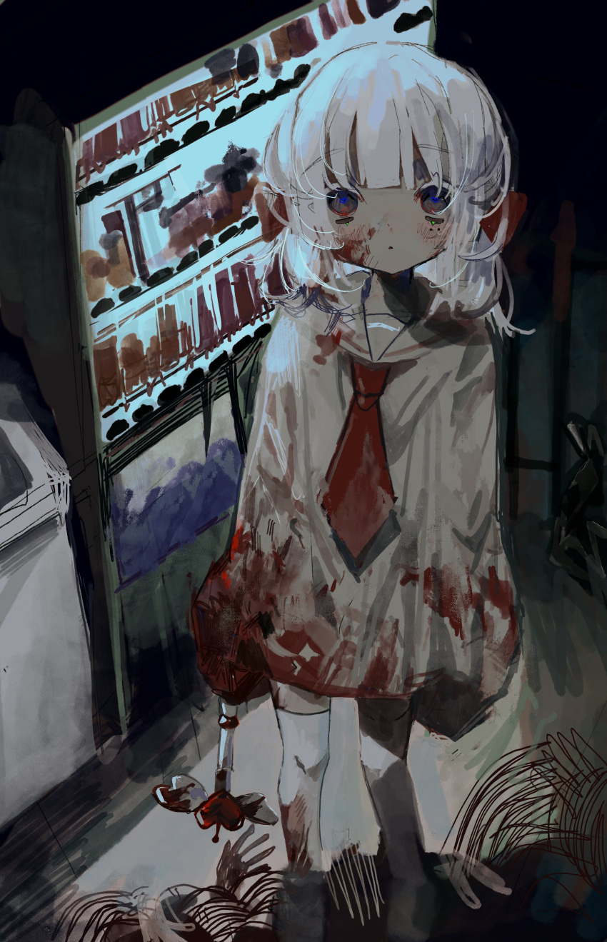 1girl :o absurdres blood blood_in_hair blood_on_clothes blood_on_face blunt_bangs brown_eyes dark dark_background highres holding holding_weapon kneehighs long_sleeves looking_at_viewer necktie original parted_lips propeller red_necktie sailor_collar school_uniform serafuku shirt sidelocks sleeves_past_fingers sleeves_past_wrists slept_sui socks solo standing trash_can vending_machine weapon white_hair white_sailor_collar white_socks yellow_shirt