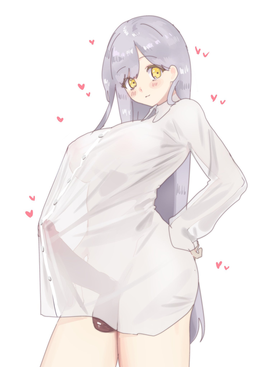 1girl asahiru_nenne blush breasts bulge closed_mouth erection erection_under_clothes futanari hand_on_own_hip highres large_breasts large_penis long_hair long_sleeves looking_at_viewer naked_shirt nnnashr original penis see-through see-through_shirt shirt smile solo testicles white_background white_shirt yellow_eyes