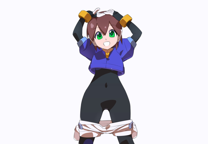 1girl aile_(mega_man_zx) black_bodysuit blue_footwear blue_jacket bodysuit bodysuit_under_clothes brown_hair clothes_pull commentary_request covered_navel cropped_jacket green_eyes hands_on_own_head jacket kaidou_zx mega_man_(series) mega_man_zx open_mouth robot_ears short_hair shorts shorts_pull simple_background smile teeth white_background white_shorts