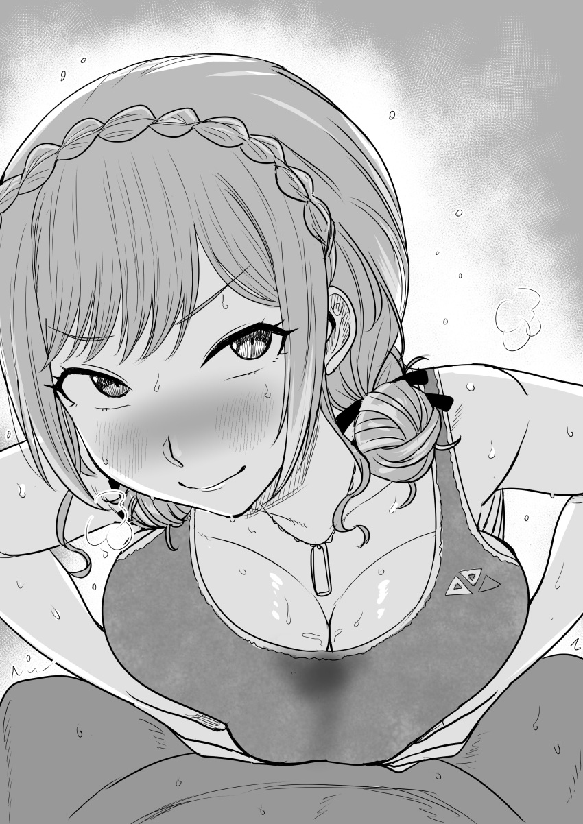 1boy 1girl absurdres blush braid breasts cleavage clothed_female_nude_male crown_braid double_bun furen_e_lustario greyscale hair_bun heavy_breathing hetero highres jewelry kaiman_garupan large_breasts monochrome necklace nijisanji nude paizuri paizuri_under_clothes smile sports_bra stained_clothes sweat