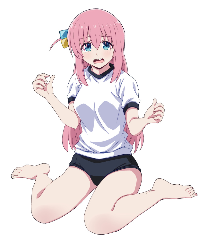 1girl barefoot black_buruma bocchi_the_rock! breasts buruma cube_hair_ornament full_body gotoh_hitori gym_shirt gym_uniform hair_between_eyes hair_ornament highres jacket long_hair looking_at_viewer pink_hair ponzu_rui shirt short_sleeves simple_background sitting solo toes white_background