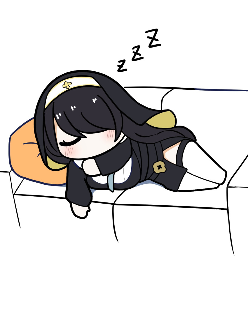 1girl black_hair blue_archive chibi closed_eyes couch habit head_on_pillow highres hinata_(blue_archive) lying on_side outstretched_arm sleeping solo thighhighs tog'