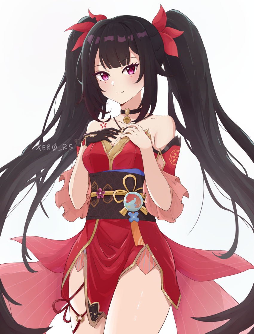 1girl absurdres bare_shoulders bell black_choker black_gloves blush bow breasts brown_hair choker cleavage closed_mouth cowboy_shot criss-cross_halter dress gloves gradient_hair hair_bow halterneck hands_on_own_chest highres honkai:_star_rail honkai_(series) large_breasts legs_together long_hair looking_at_viewer multicolored_hair neck_bell o-ring obi pink_eyes red_bow red_dress red_hair sash short_dress simple_background single_glove sleeveless sleeveless_dress smile solo sparkle_(honkai:_star_rail) thighs twintails twitter_username very_long_hair white_background xero_rs