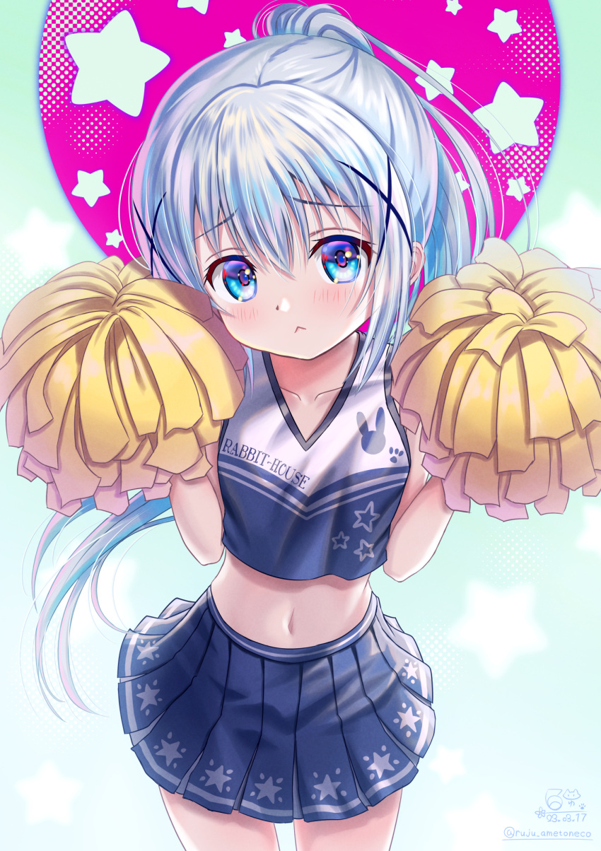 1girl :&lt; alternate_costume alternate_hairstyle animal_print blue_eyes blue_hair blue_skirt blush cheerleader closed_mouth collarbone commentary_request cowboy_shot frown furrowed_brow gochuumon_wa_usagi_desu_ka? hair_between_eyes hair_ornament hands_up highres kafuu_chino light_blue_background long_hair looking_at_viewer miniskirt navel pleated_skirt pom_pom_(cheerleading) ponytail print_skirt rabbit_print rouge_(my_rouge) simple_background skirt solo sports_bra star_(symbol) star_print tareme very_long_hair w_arms x_hair_ornament