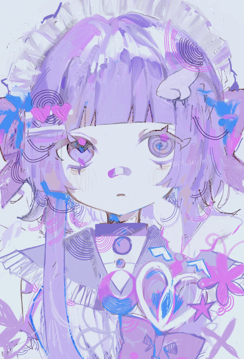 1girl @_@ absurdres bandaid bandaid_on_face bandaid_on_nose blunt_bangs bow choker grey_background heart highres long_hair looking_at_viewer maid_headdress original purple_bow purple_choker purple_eyes purple_hair purple_theme sidelocks slept_sui solo upper_body