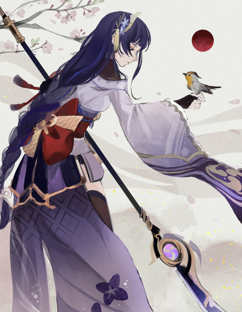 1girl bird bird_on_hand blunt_bangs braid branch co6_3g falling_petals from_side genshin_impact hair_ornament highres holding holding_weapon japanese_clothes leaning_forward long_hair looking_at_animal mitsudomoe_(shape) moon petals polearm purple_eyes raiden_shogun red_moon single_braid solo standing tomoe_(symbol) weapon