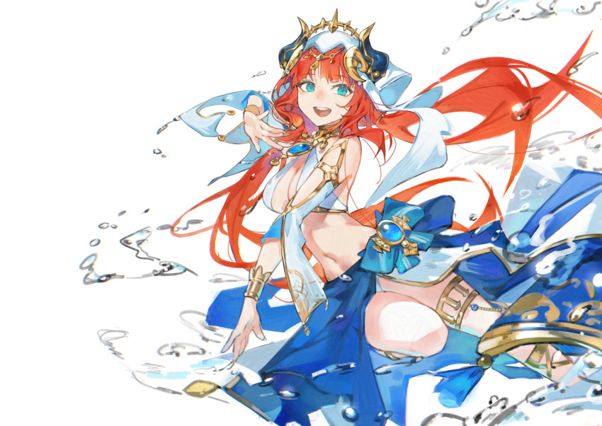 1girl absurdres blue_eyes breasts brooch crop_top dancer detached_sleeves fake_horns genshin_impact gladiator_sandals gold_footwear gold_trim harem_outfit highres horns jewelry long_hair lucadark_art medium_breasts navel nilou_(genshin_impact) puffy_sleeves red_hair sandals skirt smile solo stomach twintails veil water