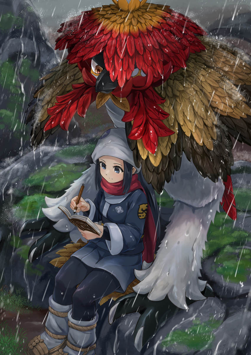 1girl absurdres akari_(pokemon) aq_gohan black_hair black_pantyhose black_shirt book commentary_request grey_jacket grey_skirt head_scarf highres hisuian_decidueye holding holding_book jacket logo long_hair outdoors pantyhose pokemon pokemon_(creature) pokemon_legends:_arceus rain shirt shoes sidelocks sitting skirt socks writing