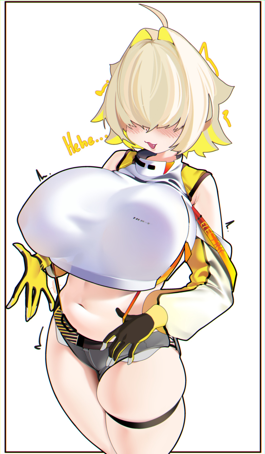 1girl :3 absurdres blonde_hair blush breasts clothing_cutout covered_nipples cowboy_shot crop_top cropped_sweater curvy elegg_(nikke) english_text exposed_pocket fang from_above gloves goddess_of_victory:_nikke grey_shorts hair_intakes hair_over_eyes highres huge_breasts laughing leaning_back long_bangs long_sleeves medium_hair micro_shorts midriff multicolored_clothes multicolored_gloves multicolored_hair navel naxius_noxy open_mouth plump see-through shorts shoulder_cutout simple_background skindentation smile solo strap_pull suspender_shorts suspenders taut_sweater thigh_strap two-tone_gloves two-tone_hair upright_ahoge white_background