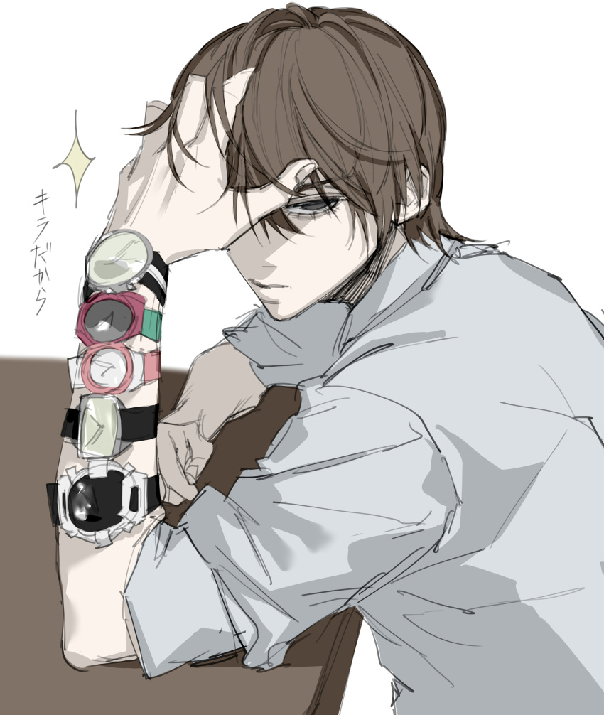 1boy absurdres black_eyes brown_hair closed_mouth death_note derivative_work falsa_azu grey_shirt hand_in_own_hair hand_on_own_head highres looking_at_viewer male_focus multiple_wristwatches sanpaku shirt short_hair simple_background sketch solo sparkle table too_many_wristwatches upper_body watch white_background wristwatch yagami_light