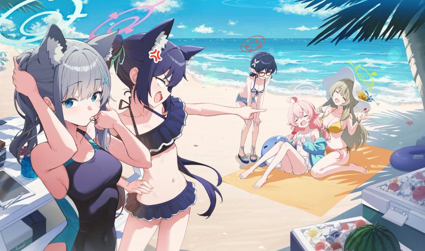 5girls absurdres ahoge anger_vein animal_ears ayane_(blue_archive) ayane_(swimsuit)_(blue_archive) beach bikini black_bikini black_hair blonde_hair blue_archive blue_eyes blue_halo blue_sky breasts brown_hair cloud commentary_request competition_swimsuit cross_hair_ornament frilled_bikini frills glasses goeleu green_halo grey_hair hair_ornament halo highres hoshino_(blue_archive) hoshino_(swimsuit)_(blue_archive) long_hair looking_at_viewer medium_breasts multiple_girls navel nonomi_(blue_archive) nonomi_(swimsuit)_(blue_archive) ocean official_alternate_costume one-piece_swimsuit outdoors palm_tree pink_halo ponytail red-framed_eyewear red_halo serika_(blue_archive) serika_(swimsuit)_(blue_archive) shiroko_(blue_archive) shiroko_(swimsuit)_(blue_archive) short_hair sitting sky standing striped_bikini striped_clothes swimsuit tree white_bikini yellow_bikini