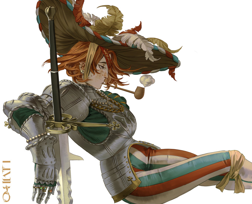 1girl armor cuirass freckles gauntlets greatsword hat hat_feather highres jewelry large_hat leaning_back multiple_rings ofthelimbo original pants plate_armor red_hair ring simple_background sitting smoke smoking_pipe solo striped_clothes striped_pants sword vertical-striped_clothes vertical-striped_pants weapon white_background wide_brim