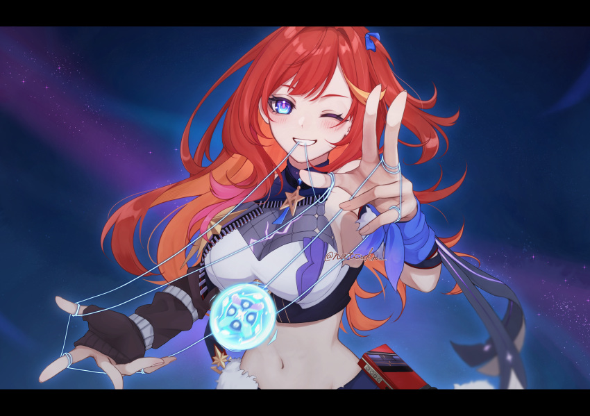 1girl bare_shoulders black_gloves blue_eyes breasts commentary_request crop_top fingerless_gloves gloves grin highres honkai_(series) honkai_impact_3rd large_breasts letterboxed long_hair looking_at_viewer midriff natsukn navel one_side_up red_hair senadina_(honkai_impact) shirt sleeveless sleeveless_shirt smile solo stomach upper_body very_long_hair