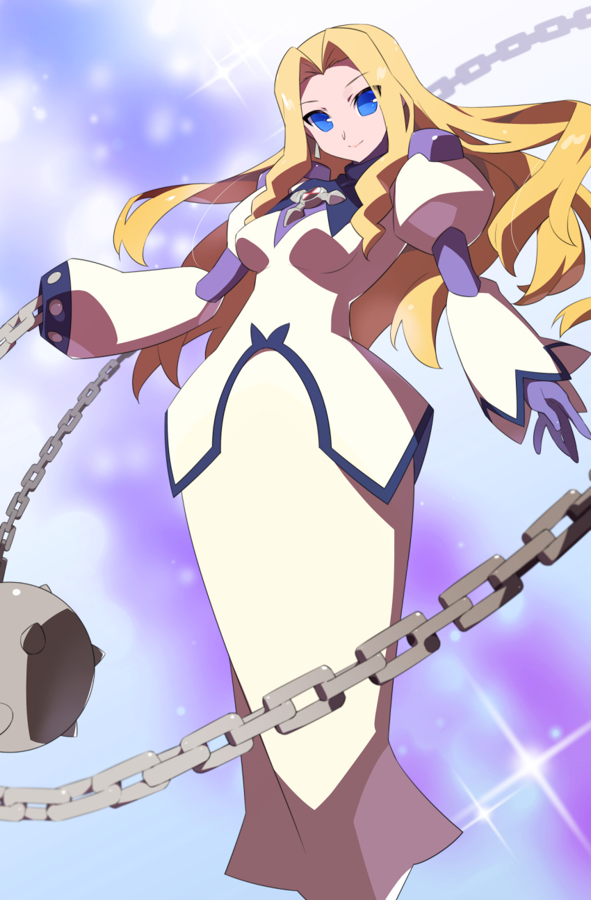 1girl armor blonde_hair blue_eyes breasts chain commentary_request dress flail full_body highres kaidou_zx knightman.exe long_hair looking_at_viewer mega_man_(series) mega_man_battle_network_(series) power_armor princess_pride_(mega_man) small_breasts weapon white_dress