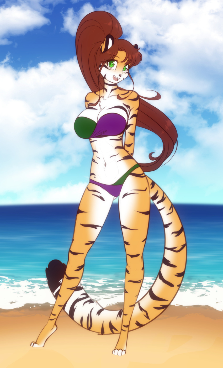 2024 absurd_res anthro beach black_stripes breasts brown_hair butt_from_the_front chest_tuft collarbone eyebrow_through_hair eyebrows eyelashes feet felid female fur green_eyes green_pupils hair hands_behind_back hi_res long_hair mammal navel open_mouth orange_body orange_fur outside pantherine ponytail pupils scorpdk solo striped_body striped_fur stripes tiger translucent translucent_hair tuft white_body white_fur