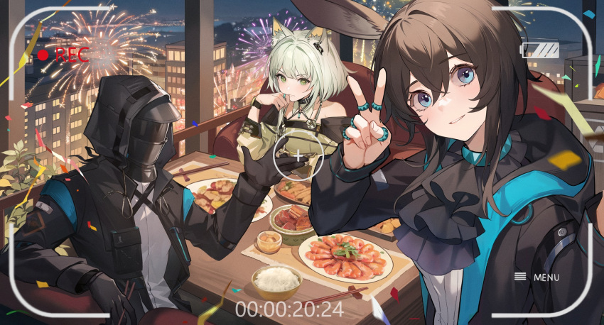 1other 2girls 9chung aerial_fireworks ambiguous_gender amiya_(arknights) animal_ear_fluff animal_ears arknights ascot bare_shoulders battery_indicator black_ascot black_coat black_gloves black_jacket blue_eyes blush bowl bright_pupils brown_hair building cat_ears chinese_commentary chopsticks coat collarbone commentary confetti doctor_(arknights) dress fingernails fireworks food gloves green_dress green_eyes hair_between_eyes highres hood hood_down hooded_jacket jacket jewelry kal'tsit_(arknights) lips long_sleeves looking_at_viewer mask medium_hair multiple_girls multiple_rings open_clothes open_jacket parted_lips plant rabbit_ears recording rice ring shirt short_hair shrimp skyscraper stethoscope v viewfinder watch white_pupils white_shirt window wristwatch